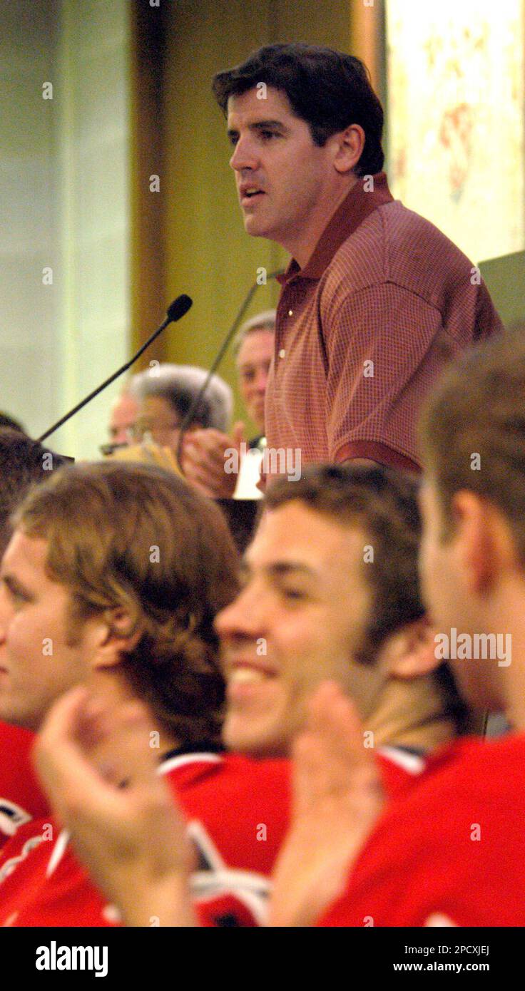 Carolina Hurricanes coach Peter Laviolette addresses a joint session of the North Carolina
