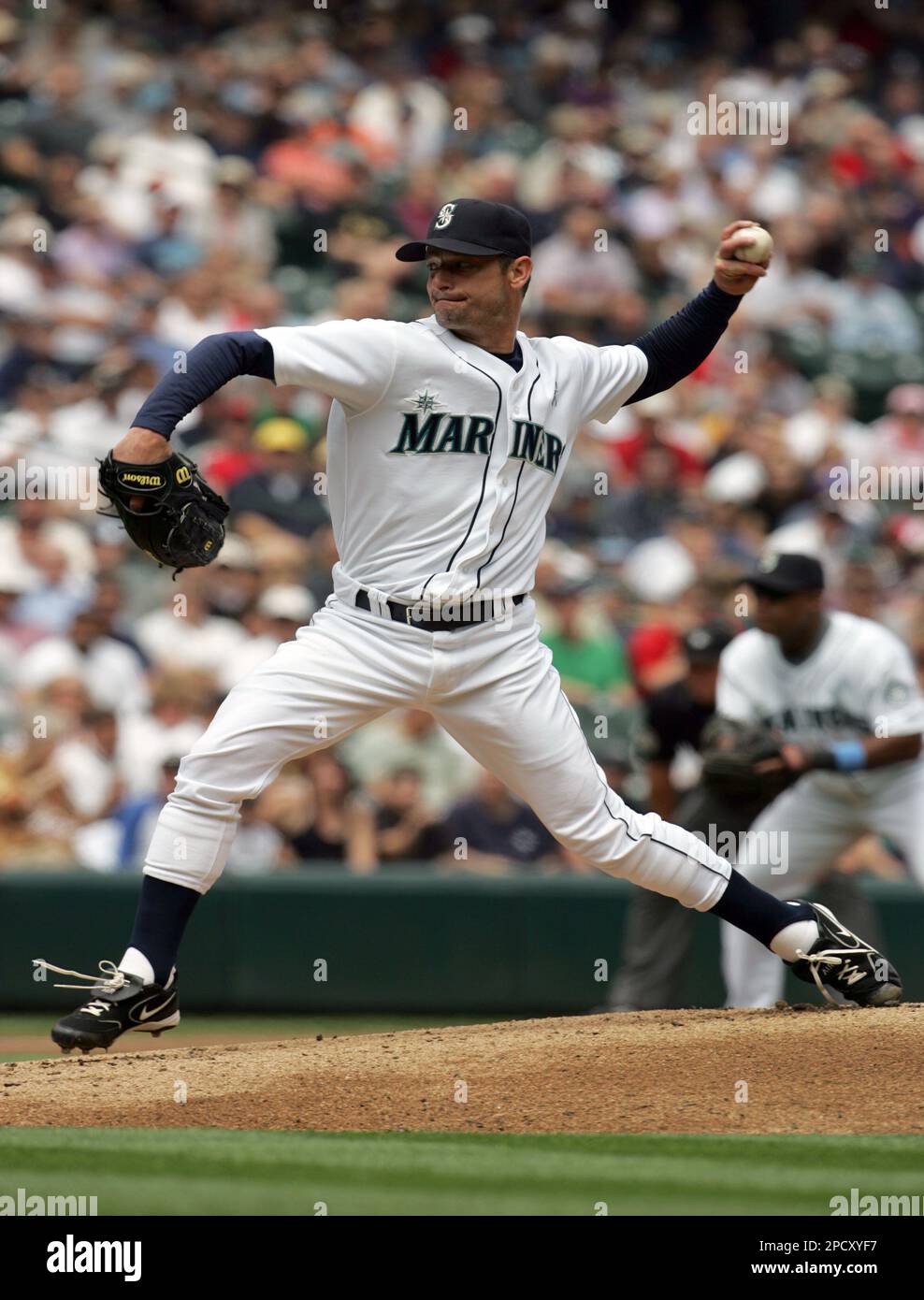 Seattle Mariners starting pitcher Jamie Moyer throws against the San  Francisco Giants in the first inning at Safeco Field in Seattle on Sunday,  June 18, 2006. It was Moyer's 500th start. (AP