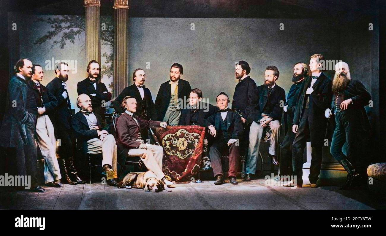 The German composer Richard Wagner (1813-1883) surrounded by friends and colleagues at the opening night of Tristan and Isolde in Monaco of Bavaria, June 10, 1865. 19th century - Friedrich Uhl, Richard Pohl, H. V. Nosti, August Rockel, A. de Gasperini, Richard Wagner, Hans von Bulow, Adolf Jensen, Dr. Gille, Franz Muller, Felix Draeseke, Alexander Ritter, Leopold Damrosch, Heinrich Porges, Michael Moszony - Colorisation digitale d'apres l'originale Stock Photo