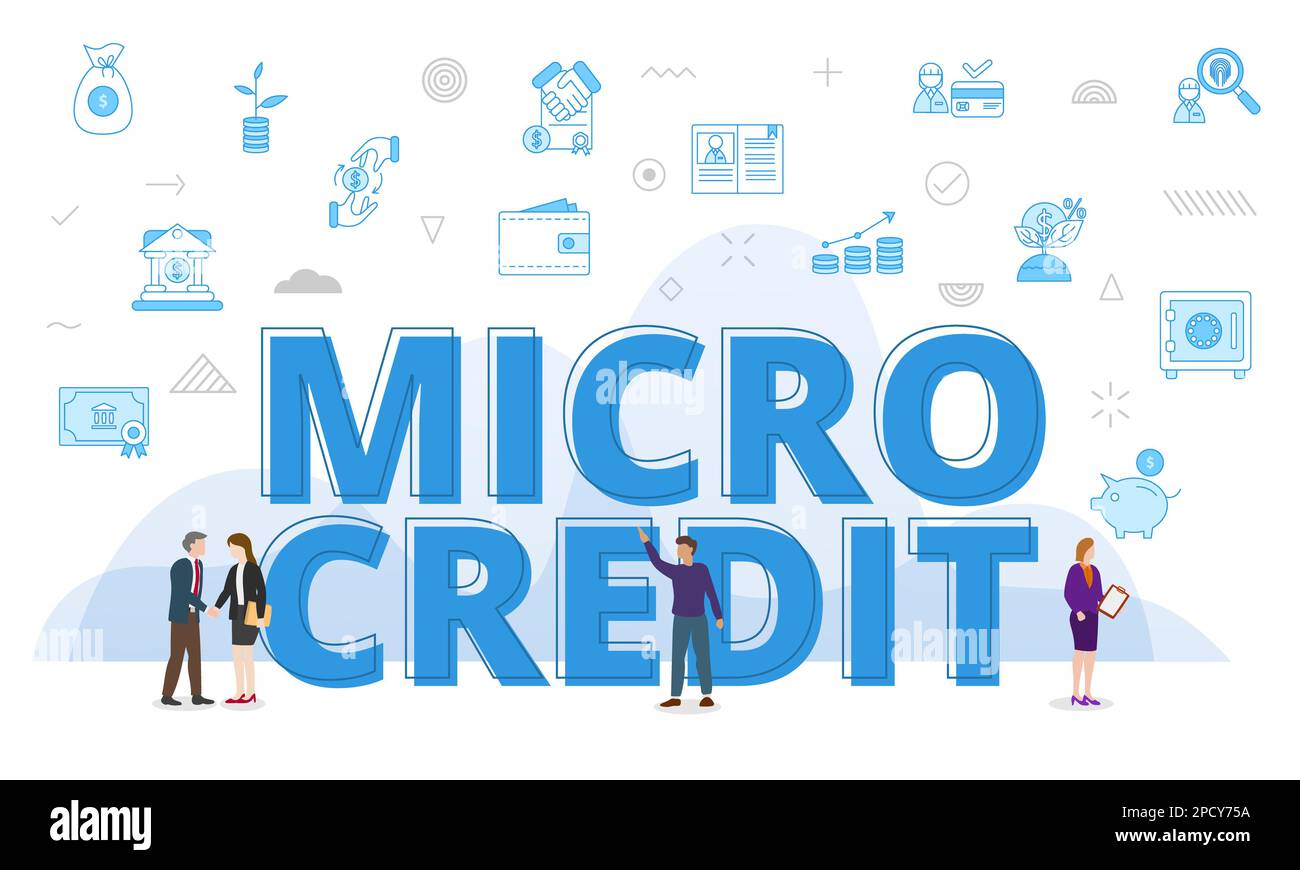 microcredit concept with big words and people surrounded by related ...