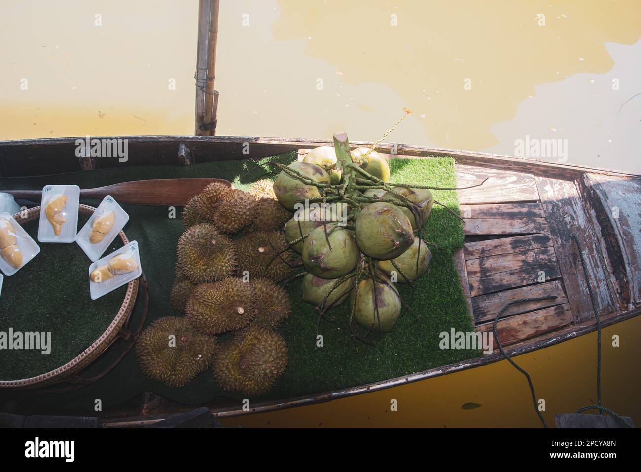 Pattaya Floating Market, durian fruits, coconut, tropical asian fruits, Pattaya Floating Market, Thailand Stock Photo