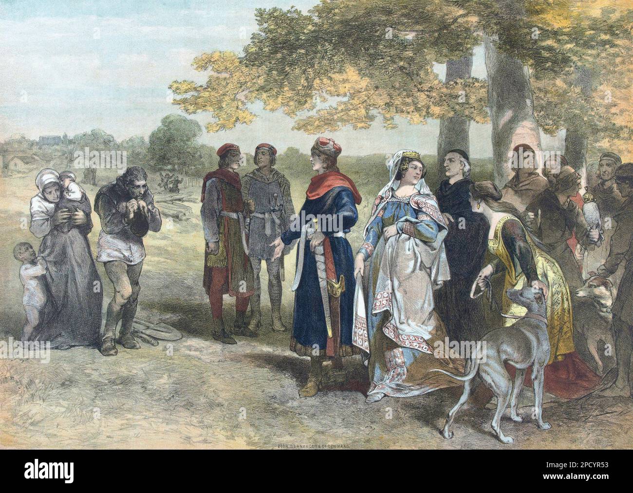 Floris V, Count of Holland and Zeeland, 1256 - 1296, with his wife Beatrice of Flanders and his nobles are approached by a peasant family while walking in the woods.  Legend has it that Foris was nicknamed the God of the Peasants.  After a work by Charles Rochussen. Stock Photo