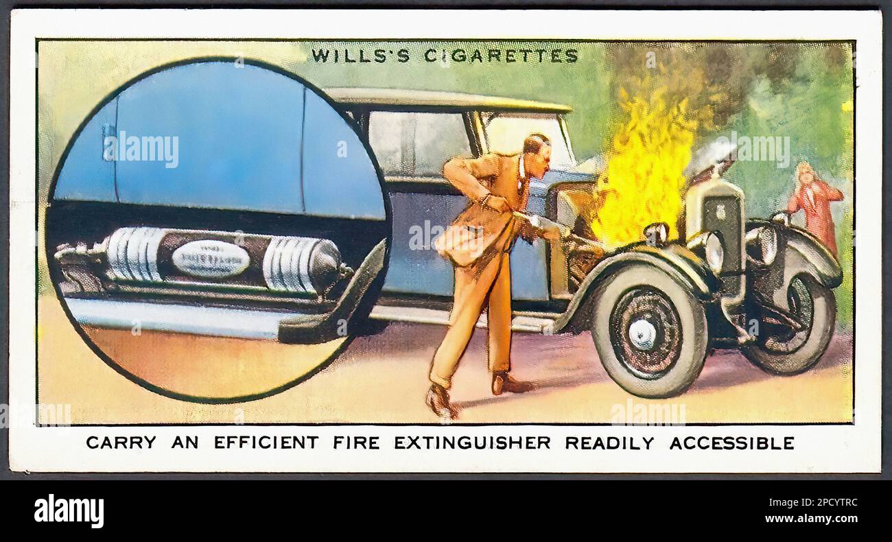 Carry A Fire Extinguisher Car Vintage Cigarette Card Stock Photo Alamy