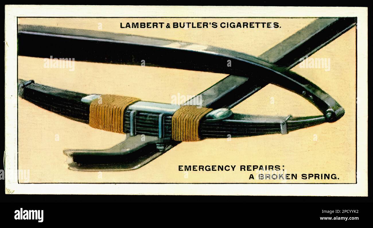 Motoring Tips, Broken Spring Car Vintage Cigarette Card Stock Photo