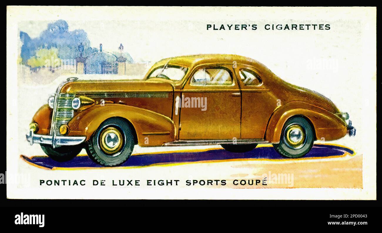 Pontiac De Luxe Eight, 1937 - Car Vintage Cigarette Card Stock Photo