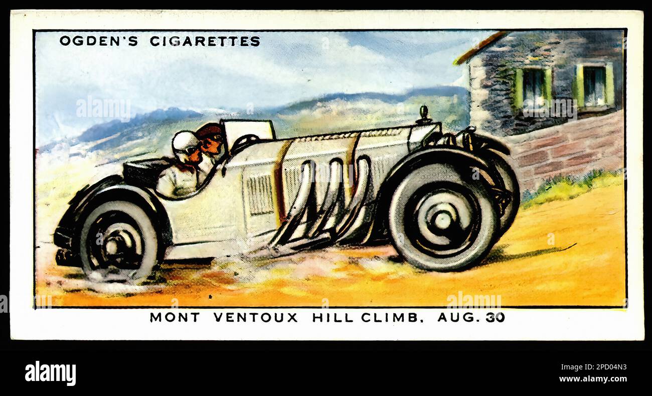 mont cigarette Mont Ventoux Hill Climb, 1931 - Car Vintage Cigarette Card Stock Photo