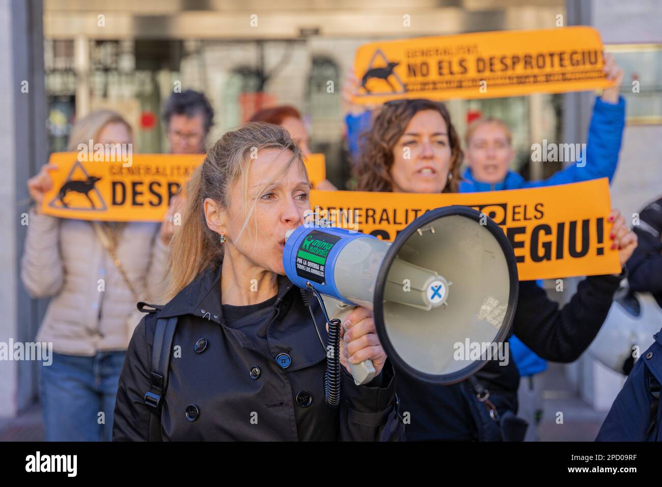 Barcelona, Barcelona, Spain. 14th Mar, 2023. Animal and nature protection entities protest in front of the Department of Climate Action, Food and Rural Agenda. The protest takes place after the proposal to modify the Animal Protection Law of Catalonia, which negatively affects hunting dogs, has been voted. (Credit Image: © Marc Asensio Clupes/ZUMA Press Wire) EDITORIAL USAGE ONLY! Not for Commercial USAGE! Credit: ZUMA Press, Inc./Alamy Live News Stock Photo