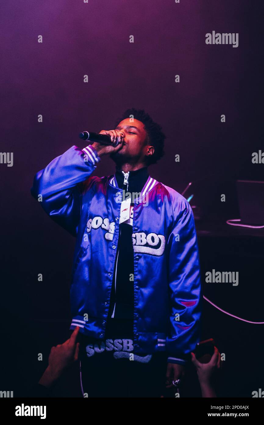 Rapper Pierre Bourne delivers an unforgettable performance in Auckland, captured in this stunning concert photo. Perfect for music publications. Stock Photo