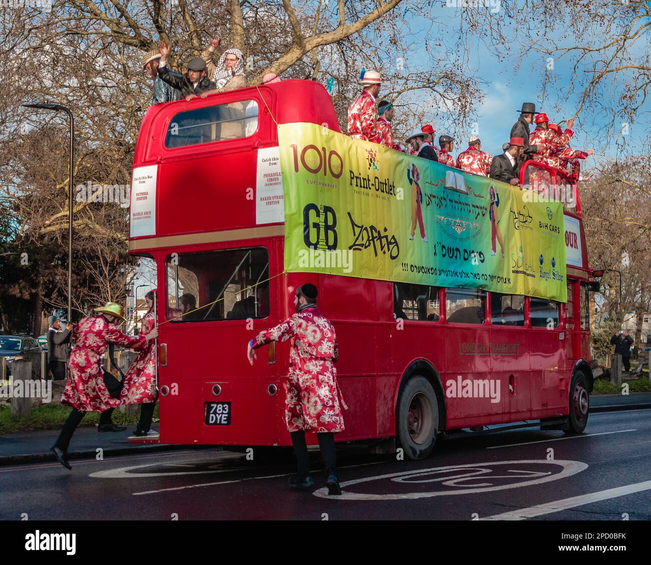 The Purim party bus in London's Stamford Hill.. Stock Photo