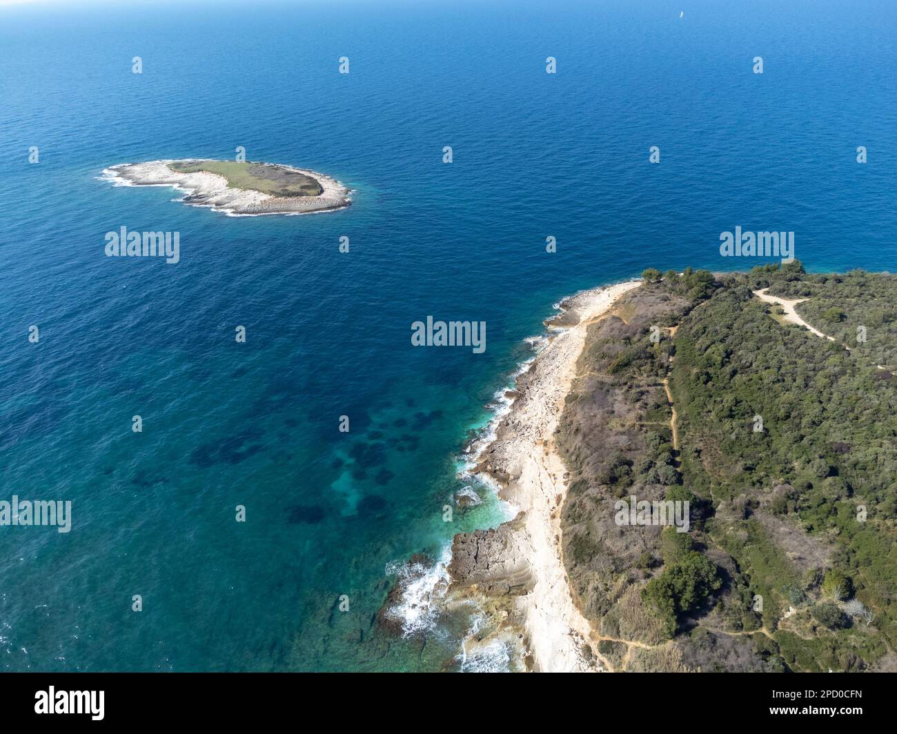 drone shot of Cape Kamenjak, a protected natural area on the southern tip of the Istrian peninsula in Croatia, Europe Stock Photo