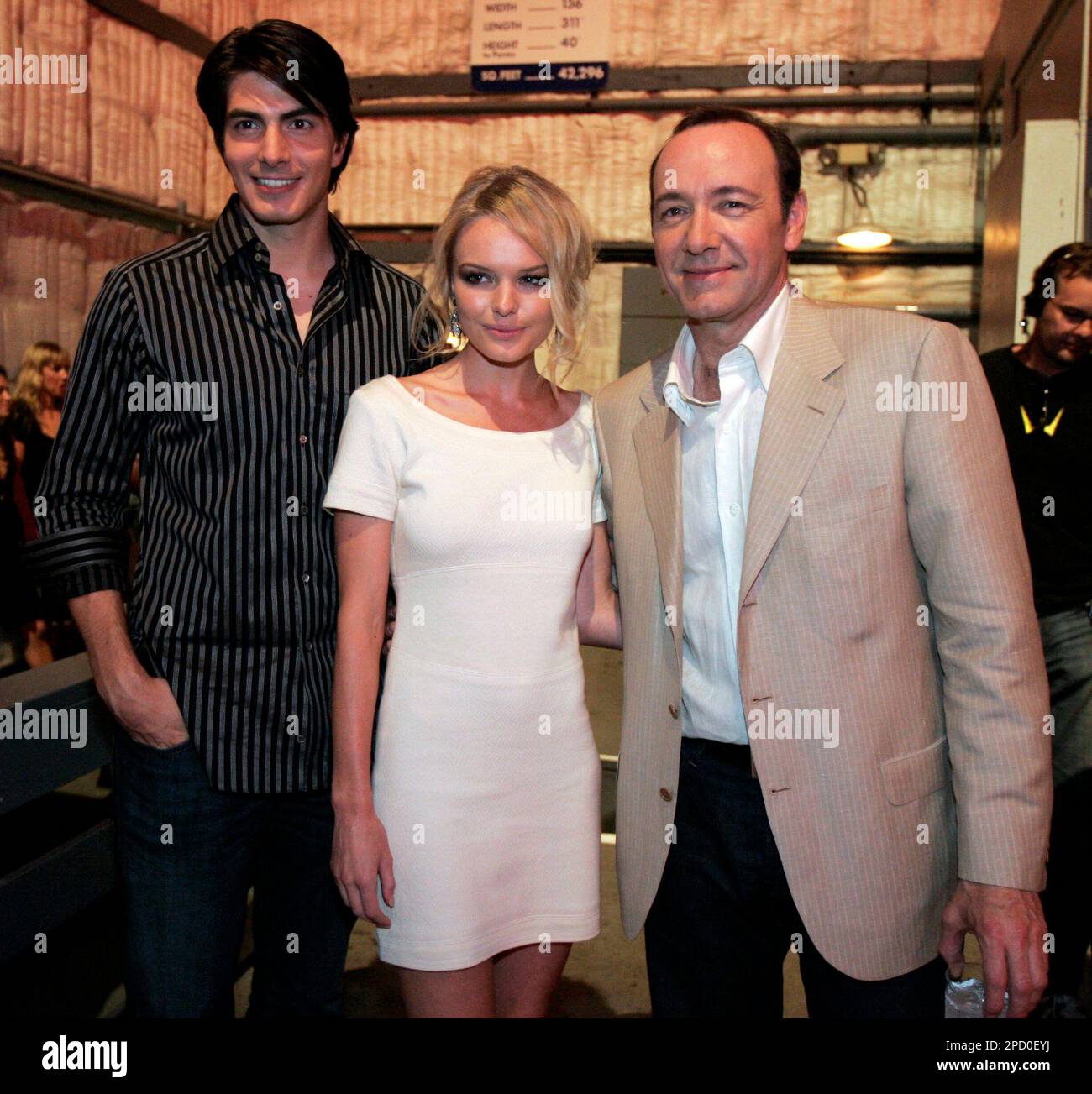Brandon Routh, left, Kate Bosworth, center, and Kevin Spacey pose ...
