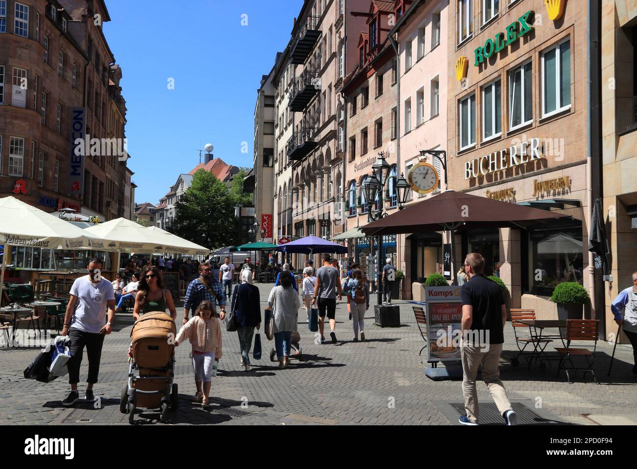 NUREMBERG, GERMANY - MAY 8, 2018: People visit Karolinenstrasse street shopping area in Nuremberg Old Town, Germany. Stock Photo