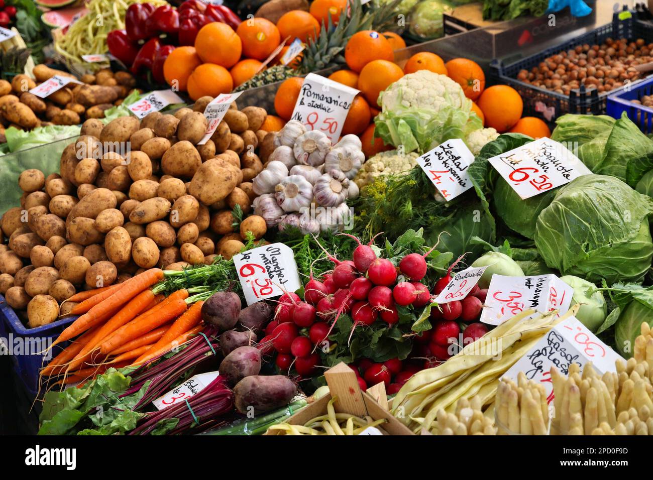Vegetable prices in Poland. Food market place in Poland Wroclaw