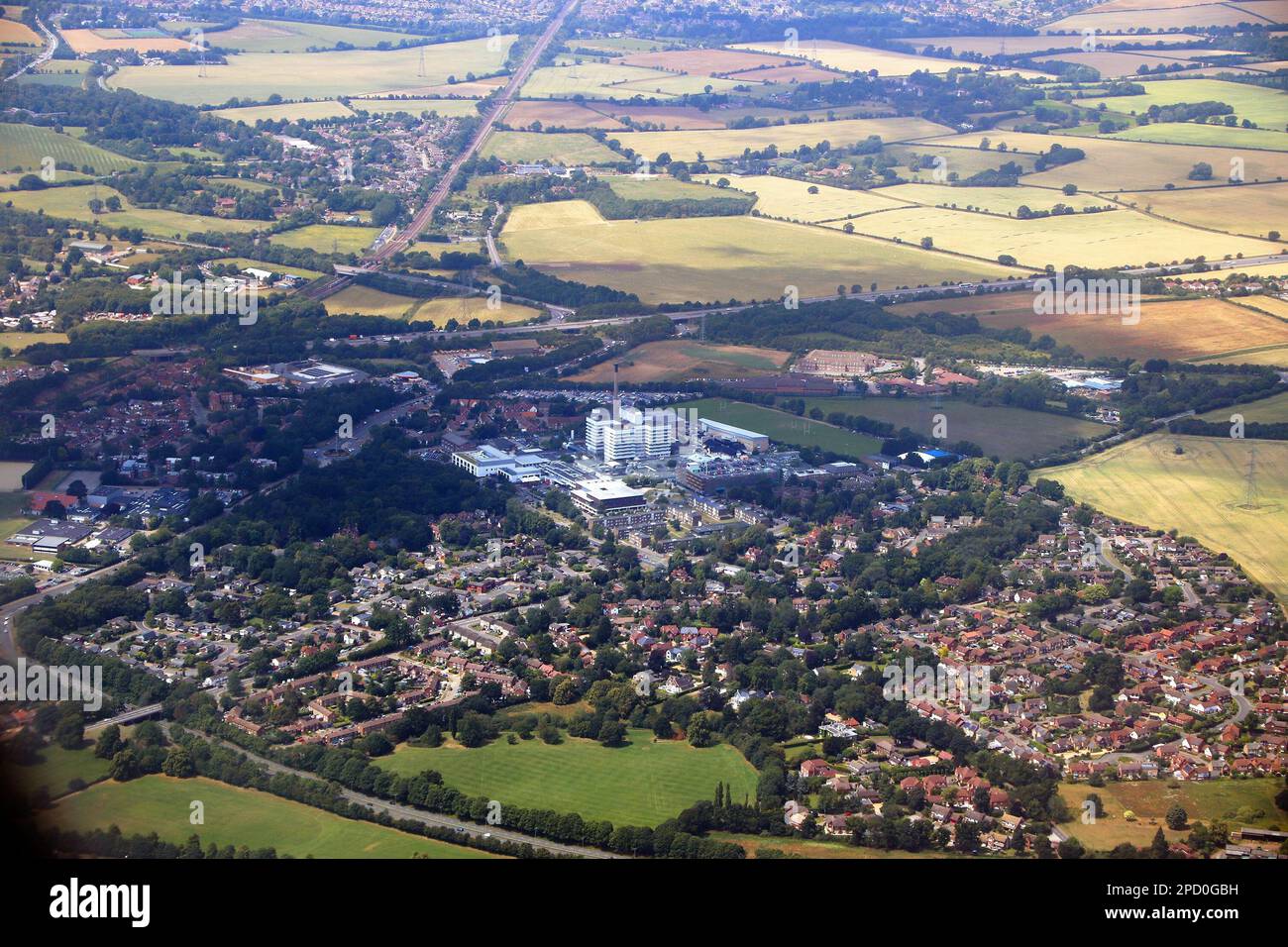 Stevenage town in Hertfordshire, England. Aerial view in summer. Stock Photo