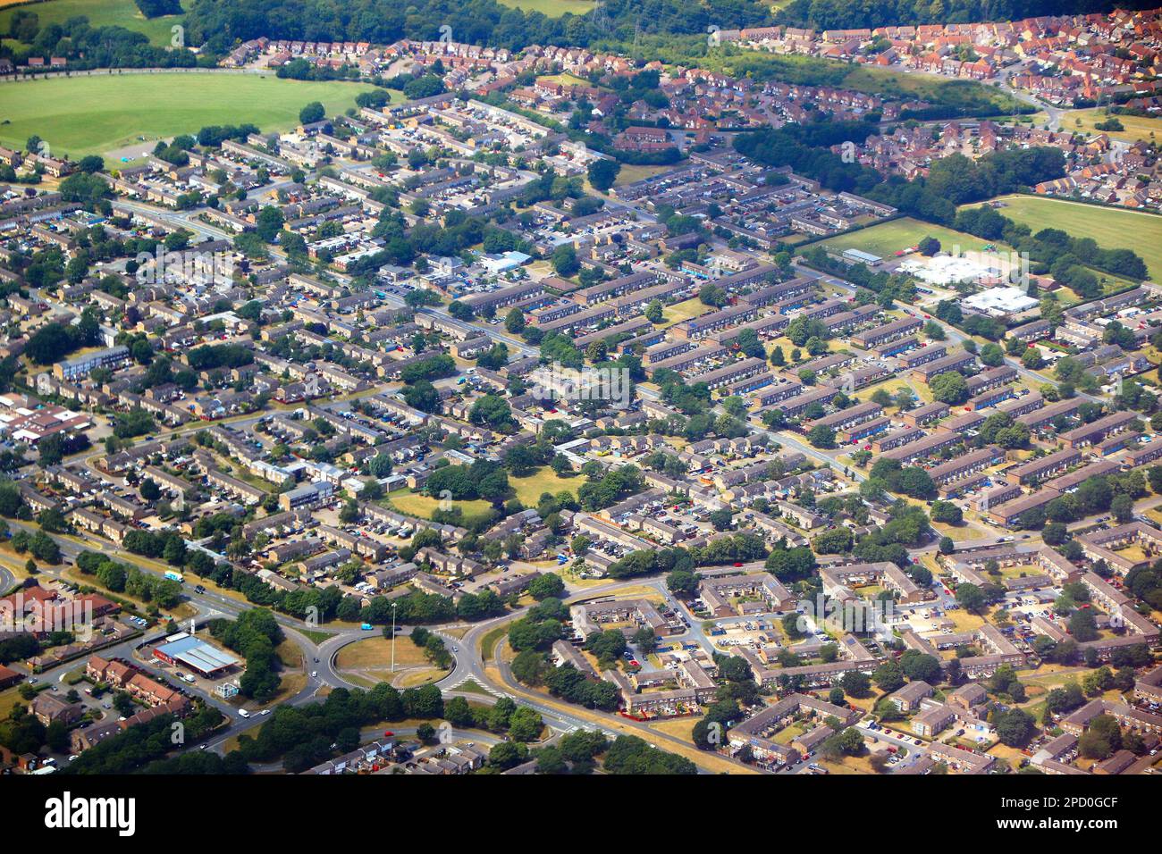 Stevenage town in Hertfordshire, England. Aerial view of St. Nicholas district. Stock Photo