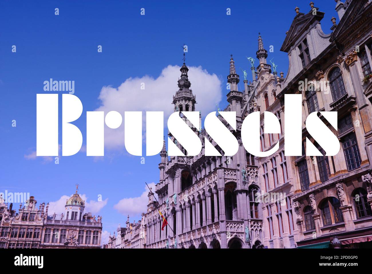 Brussels, Belgium. City name modern photo postcard. Travel destination text word title card. Stock Photo