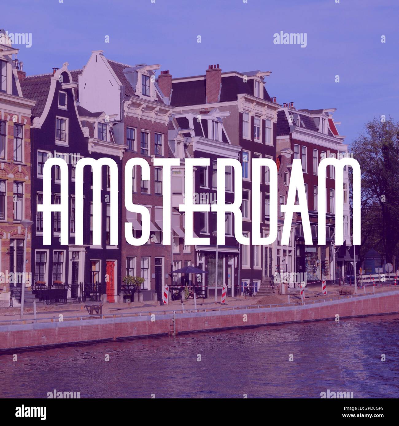 Amsterdam, Netherlands. City name modern photo postcard. Travel