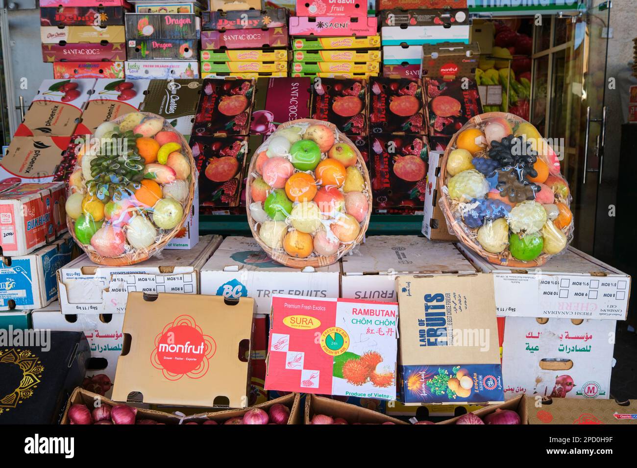 A sample fruit basket, made of fake, plastic pieces. At the local fruit