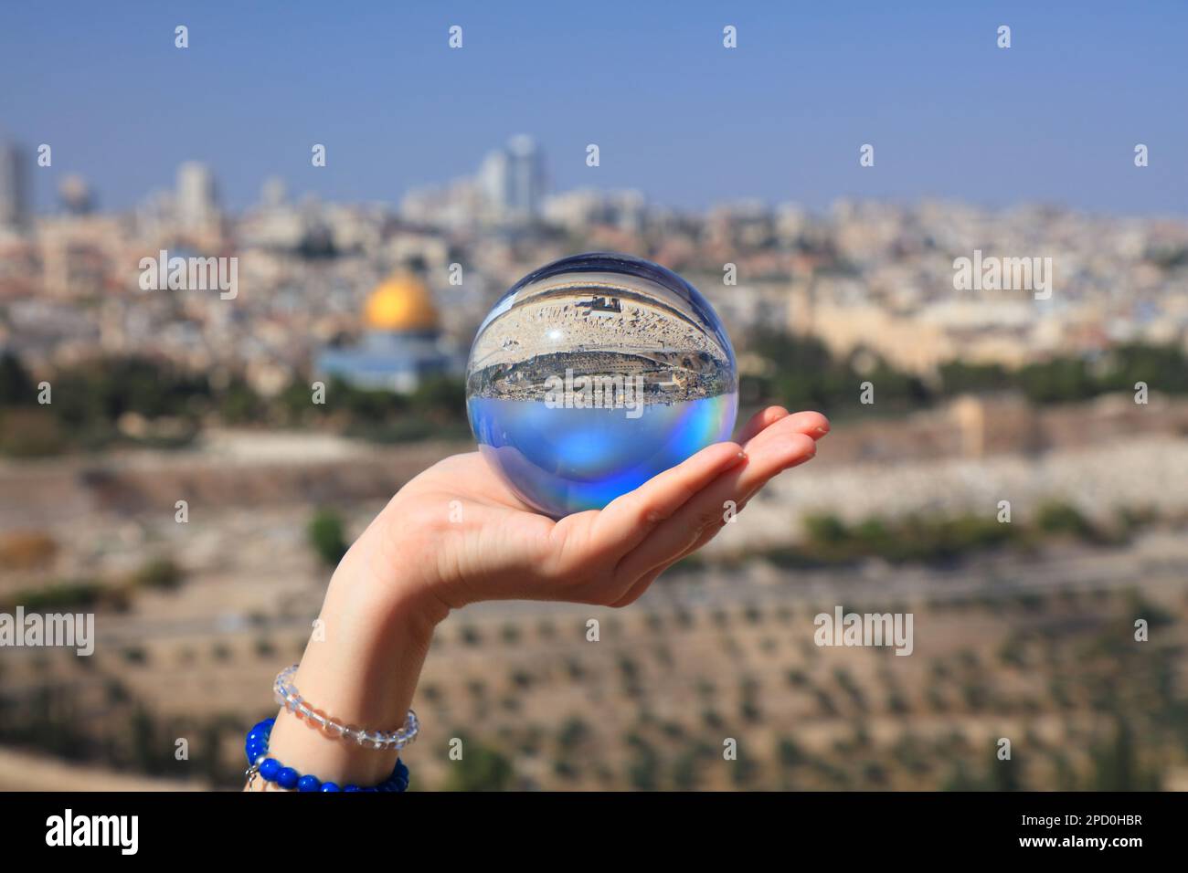 Jerusalem Old City magic glass sphere reflection. Jerusalem, Israel