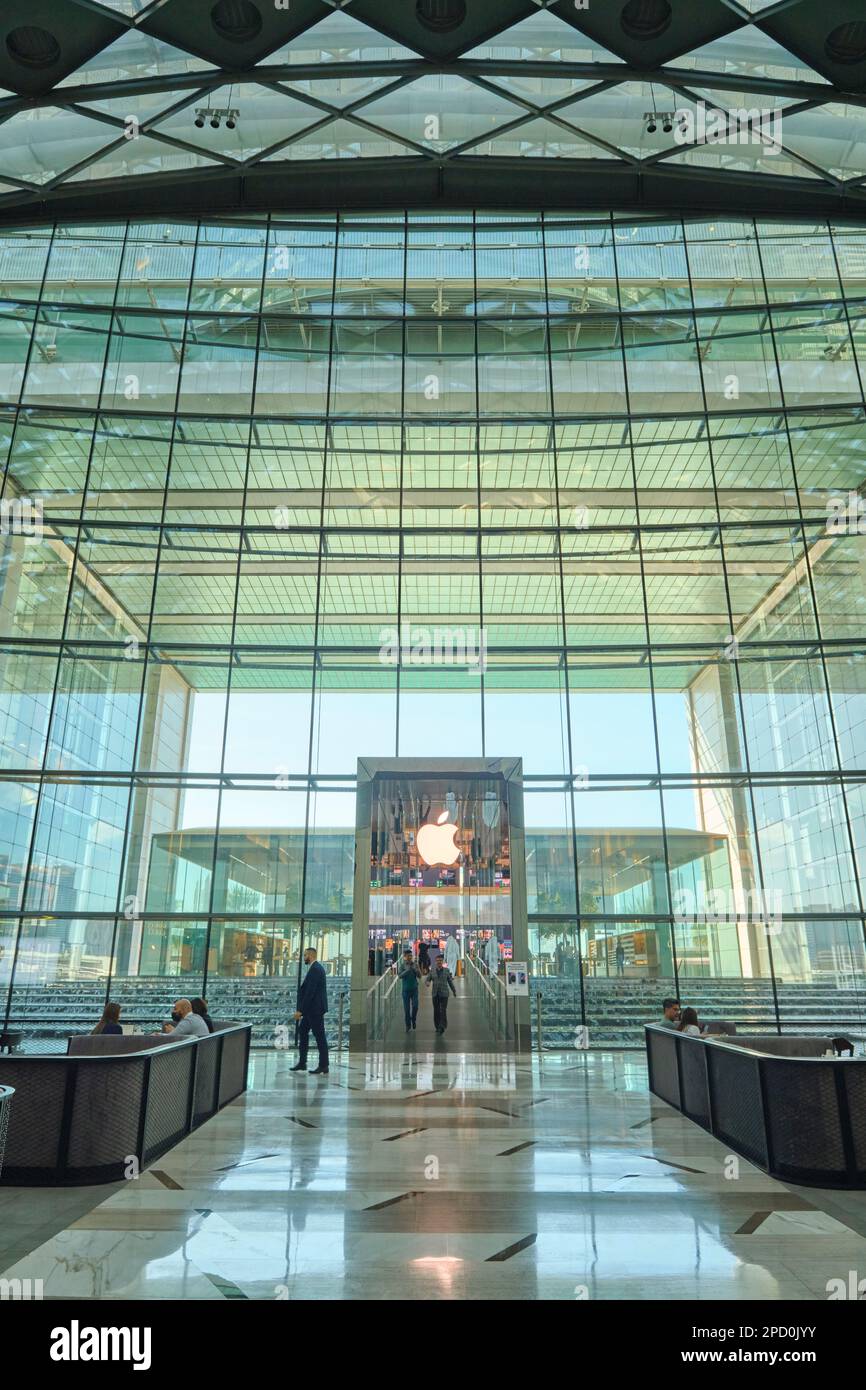 Impressive all glass, soaring facade of the flagship store. At the