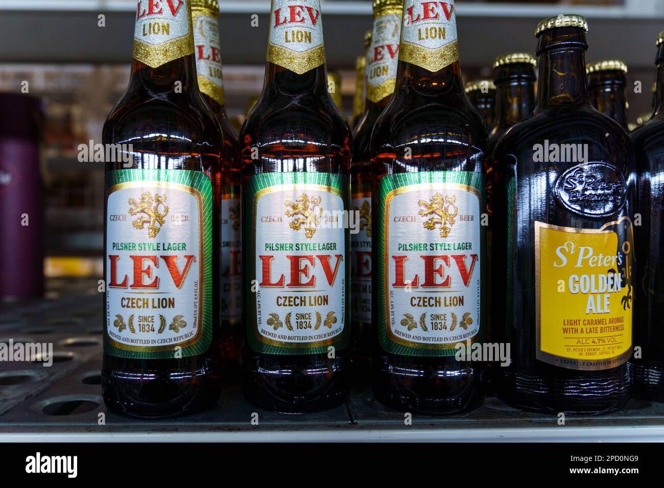 Tyumen, RussiaFebruary 25, 2023 Light beer in Lev style Czech brewery