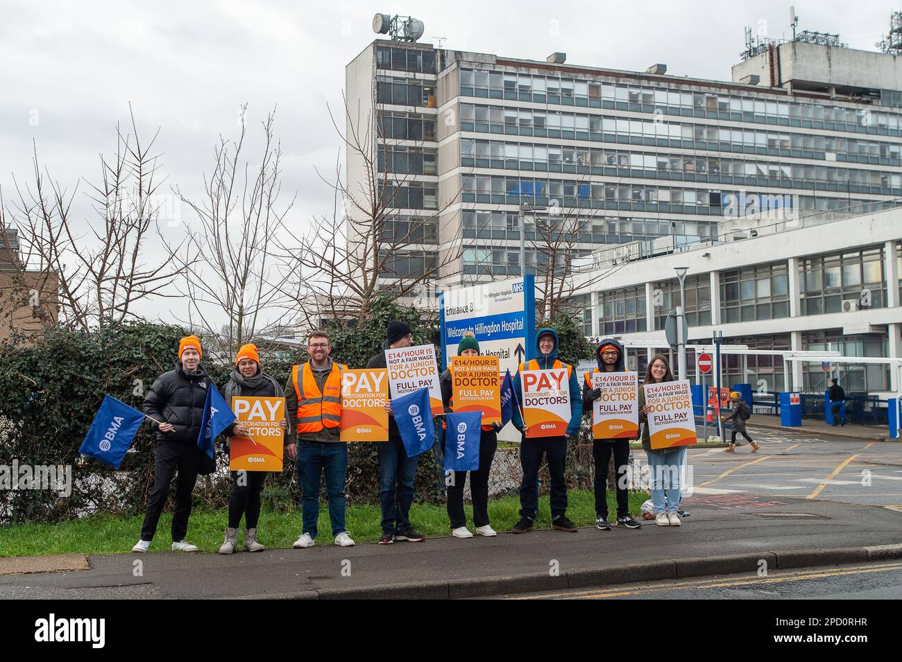 Hillingdon, Middlesex, UK. 14th March, 2023. Junior Doctors picketing