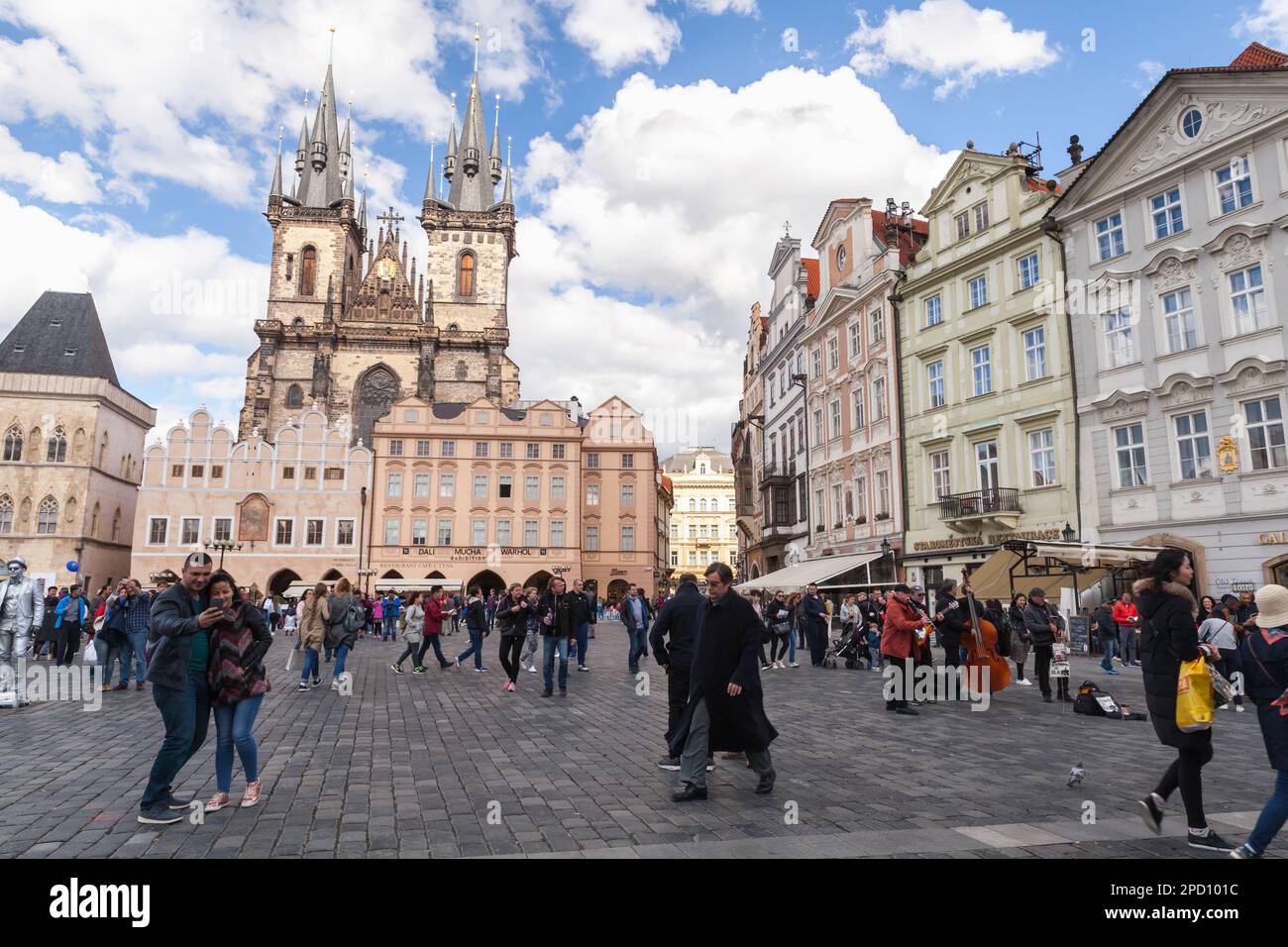 Prague, Czech Republic - May 2, 2017: People are at the Old Town Square in Prague near The Church of Mother of God before Tyn Stock Photo