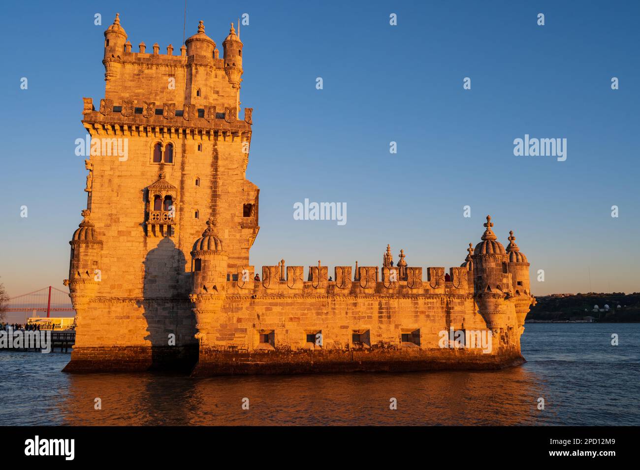 Belem Tower or Tower of St Vincent on the bank of the Tagus River at sunset, Lisbon, Portugal Stock Photo