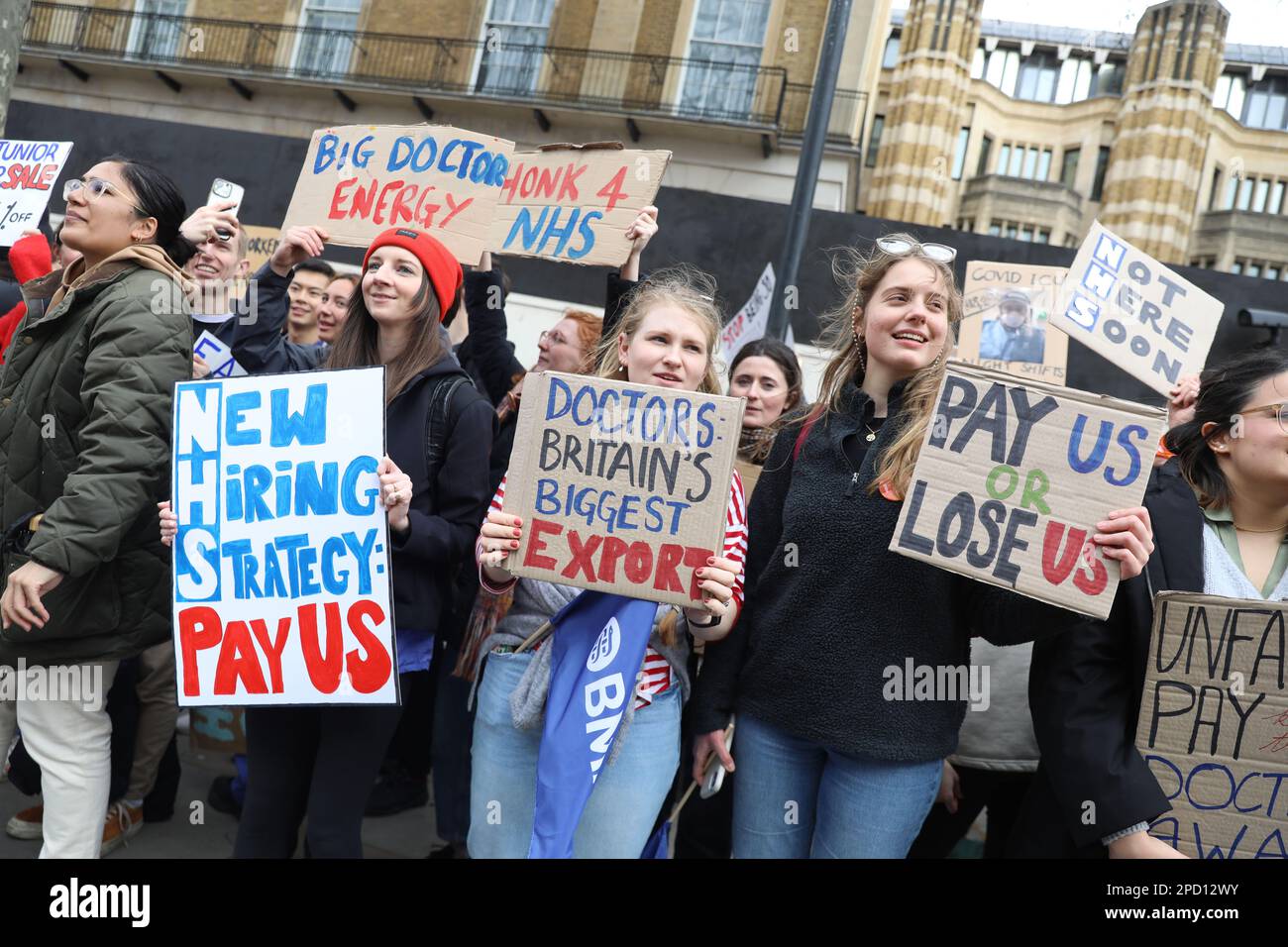 London, UK. 13th Mar, 2023. LONDON, 13th March 2023, Striking junior doctors and their supporters protest opposite Downing Street in London, England. Junior doctors in the UK are striking over pay and conditions will walk out for 72 hours. Credit: Lucy North/Alamy Live News Stock Photo