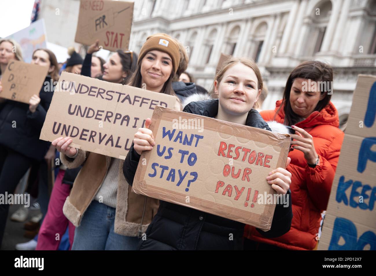 London, UK. 13th Mar, 2023. LONDON, 13th March 2023, Striking junior doctors and their supporters protest opposite Downing Street in London, England. Junior doctors in the UK are striking over pay and conditions will walk out for 72 hours. Credit: Lucy North/Alamy Live News Stock Photo