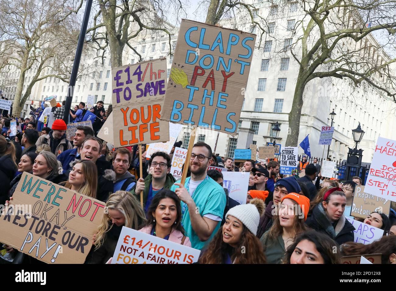 London, UK. 13th Mar, 2023. LONDON, 13th March 2023, Striking junior doctors and their supporters protest opposite Downing Street in London, England. Junior doctors in the UK are striking over pay and conditions will walk out for 72 hours. Credit: Lucy North/Alamy Live News Stock Photo