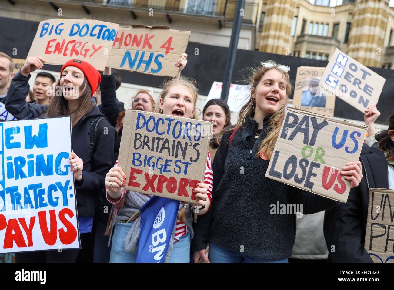 London, UK. 13th Mar, 2023. LONDON, 13th March 2023, Striking junior doctors and their supporters protest opposite Downing Street in London, England. Junior doctors in the UK are striking over pay and conditions will walk out for 72 hours. Credit: Lucy North/Alamy Live News Stock Photo