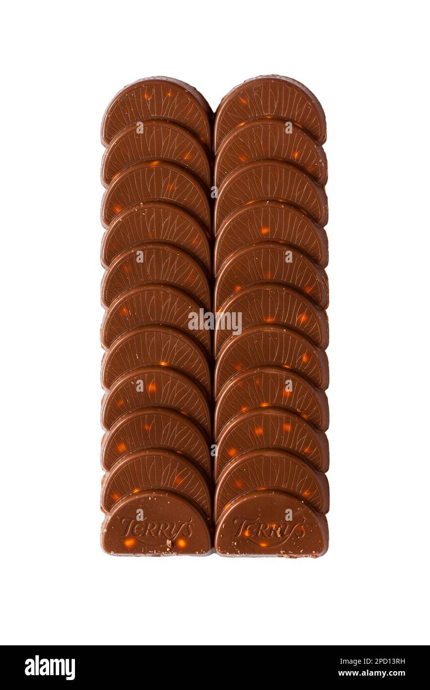 Terry's chocolate orange mini eggs bar unwrapped isolated on white background Stock Photo