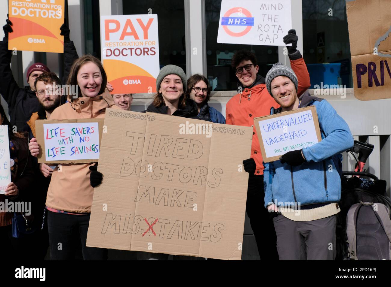 Bristol, UK. 14th Mar, 2023. Second day of the Junior Doctors 72 hour strike in support of a 26% pay claim. Supported by the BMA and HCSA the pay claim aims to restore income lost by years of below inflation pay rises. Pictured are Doctors outside Bristol Royal Infirmary. Credit: JMF News/Alamy Live News Stock Photo