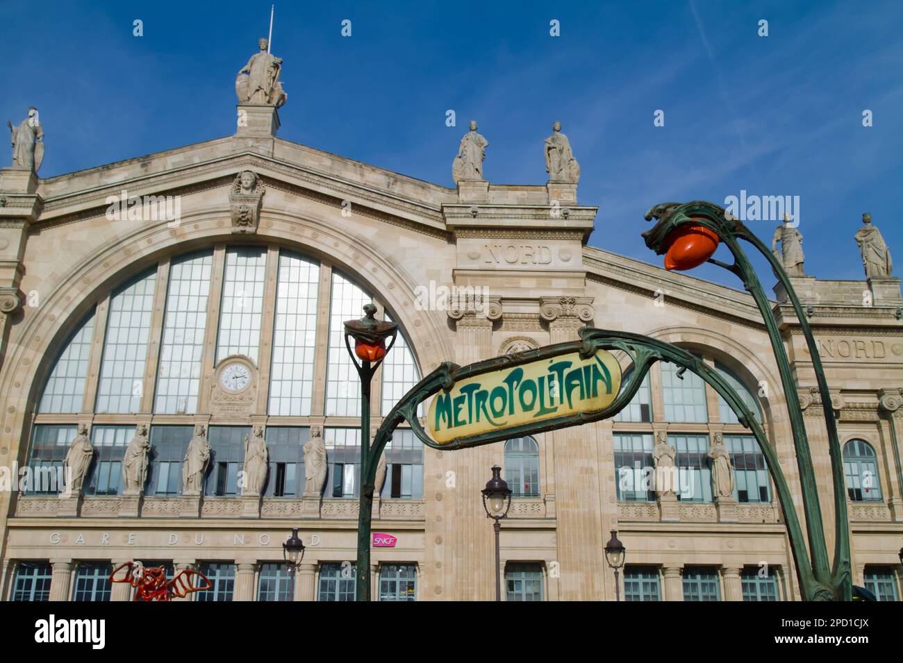 Art Noveau Cast Iron Metro Sign In Front Of The Gare Du Nord Railway Station, Paris France Stock Photo