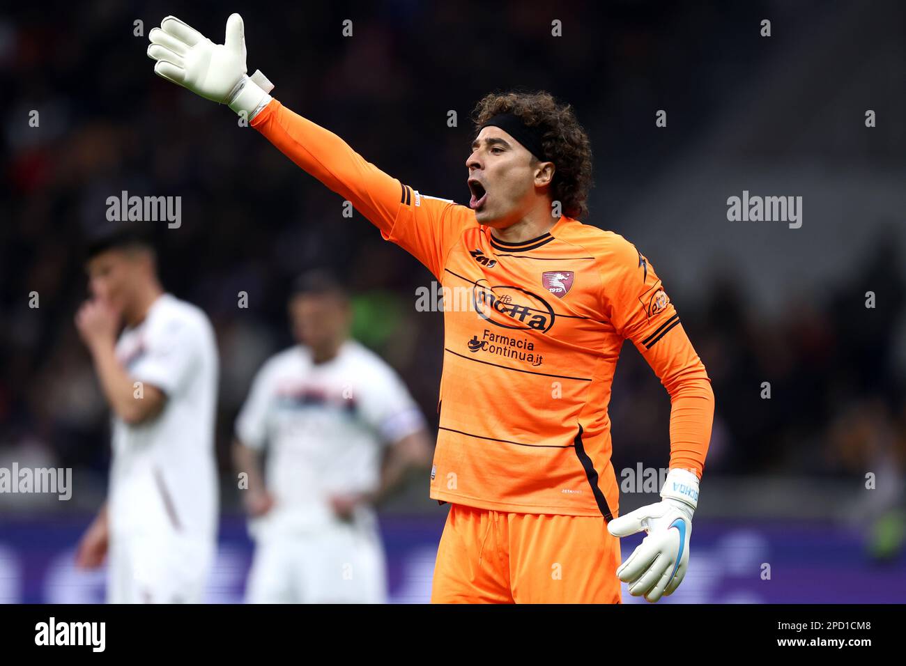 Guillermo Ochoa of Us Salernitana  gestures during the Serie A football match beetween Ac Milan and Us Salernitana at Stadio Giuseppe Meazza on March 13, 2023 in Milano, Italy . Credit: Marco Canoniero/Alamy Live News Stock Photo