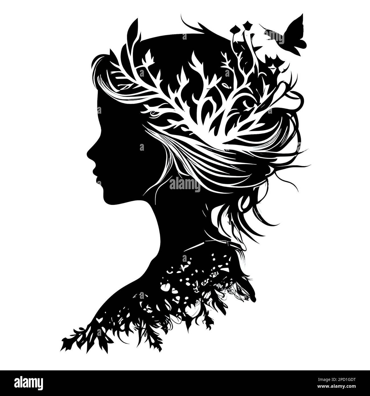 Silhouette of queen face or head side view. Elegant female character with hairdo, royal person black shadow, clipart or sticker. Young woman bride or Stock Photo
