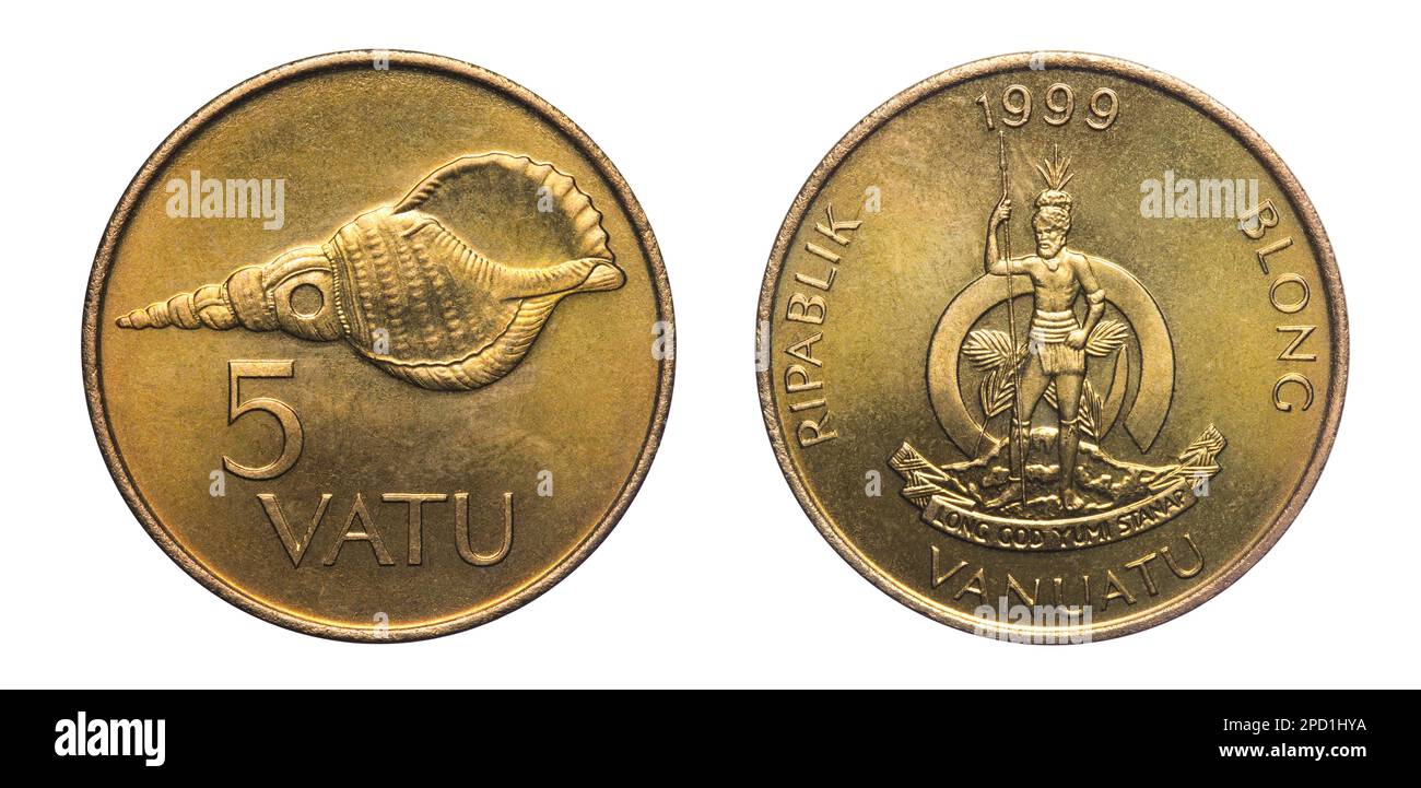 Obverse and reverse of 1999 five vatu Nickel brass vanuatu coin isolated on white background Stock Photo