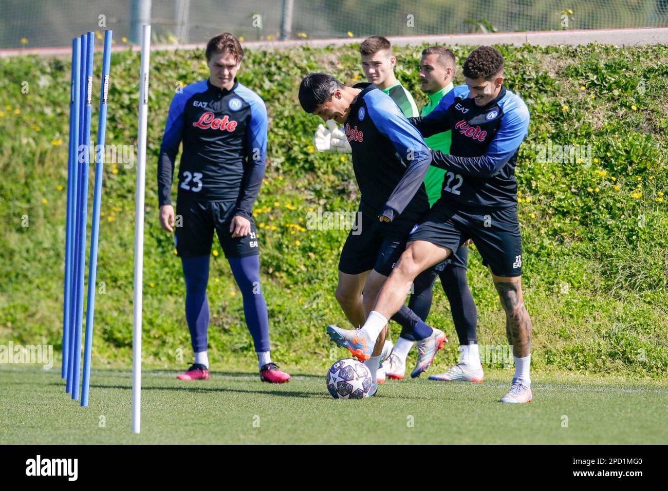 SSC Napoli's Korean defender Kim Min Jae challenges for the ball with SSC  Napoli's Italian defender Giovanni Di Lorenzo during Napoli training  session The SSC Napoli players had their last training session