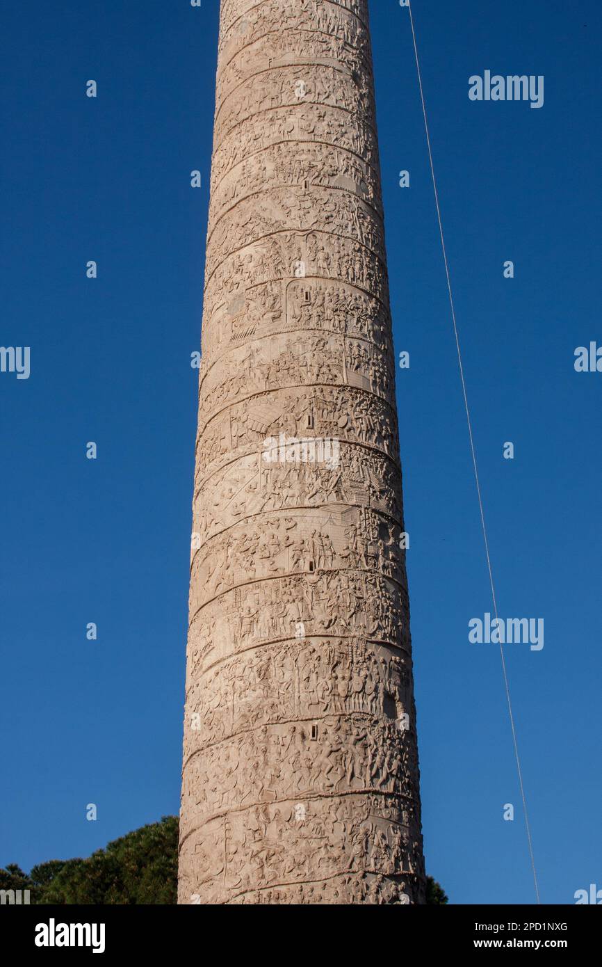 Trajan's Column (Italian: Colonna Traiana, Latin: Columna Traiani) is a Roman triumphal column in Rome, Italy, that commemorates Roman emperor Trajan' Stock Photo
