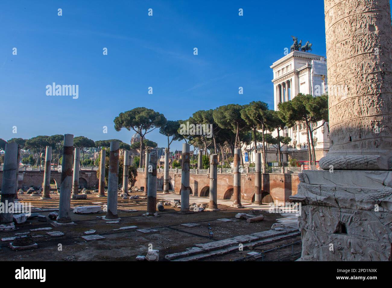 Trajan's Column (Italian: Colonna Traiana, Latin: Columna Traiani) is a Roman triumphal column in Rome, Italy, that commemorates Roman emperor Trajan' Stock Photo