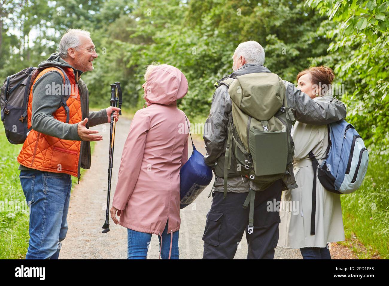 Rear view of senior men and women walking talking while hiking in forest during vacation Stock Photo