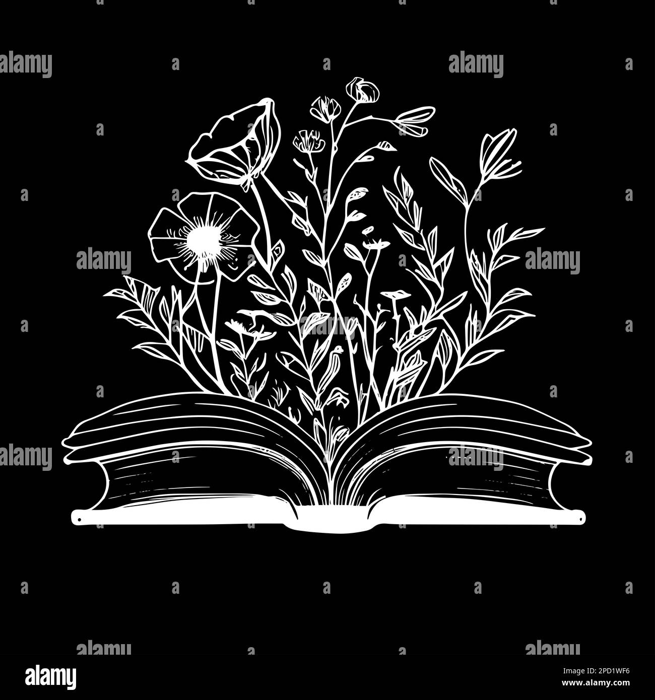 Book with flowers line art vector icon, isolated floral clipart. Open storybook and wildflowers boho decorative composition, black and white spring or Stock Photo