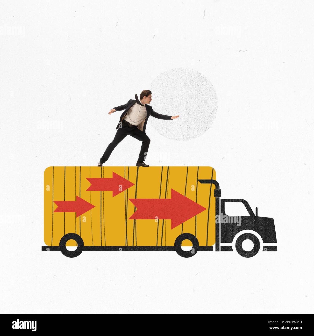 Conceptual modern art, design. Young man standing on moving truck