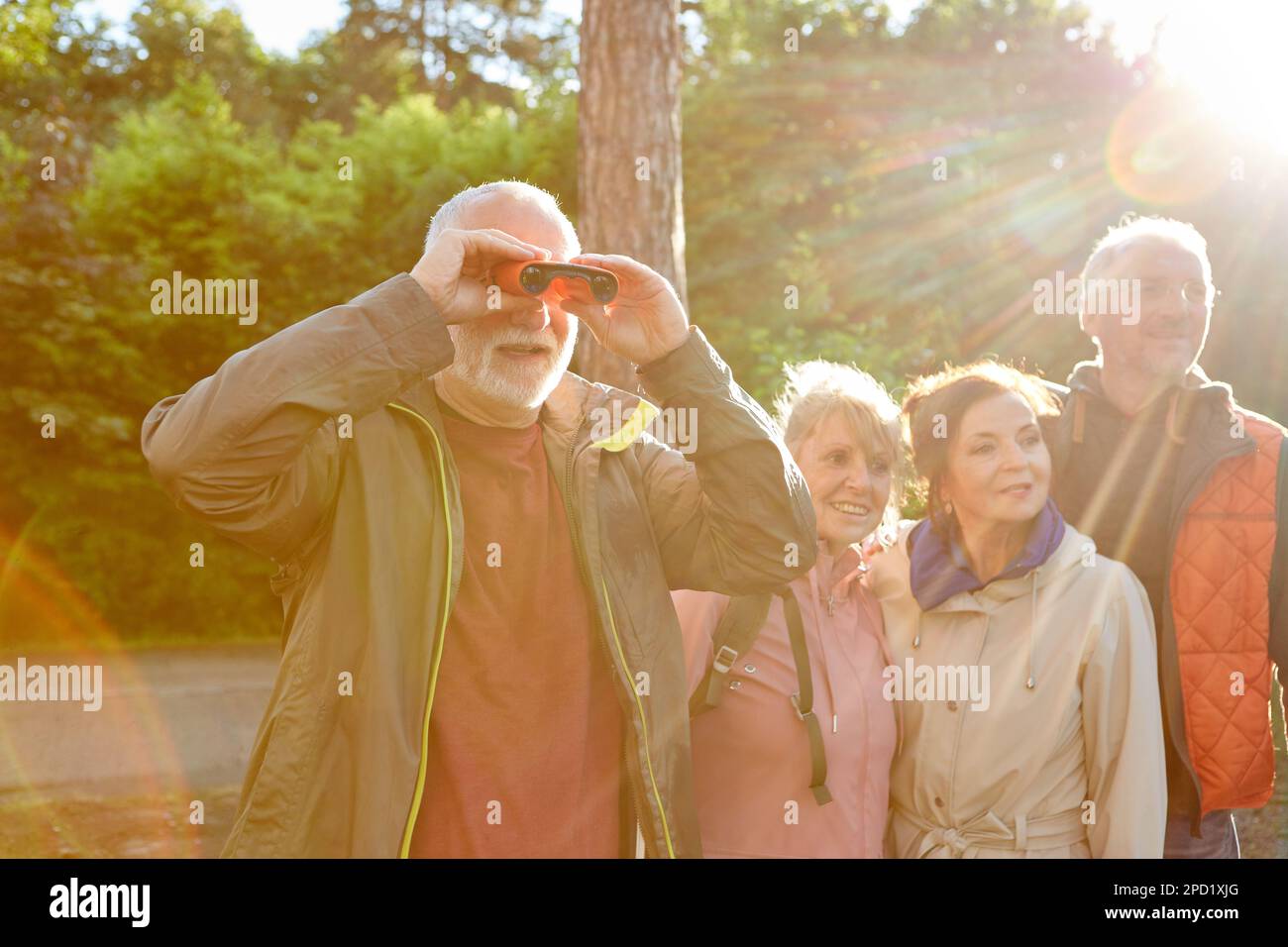 Senior man bird watching through binoculars while exploring forest with friends during vacation Stock Photo