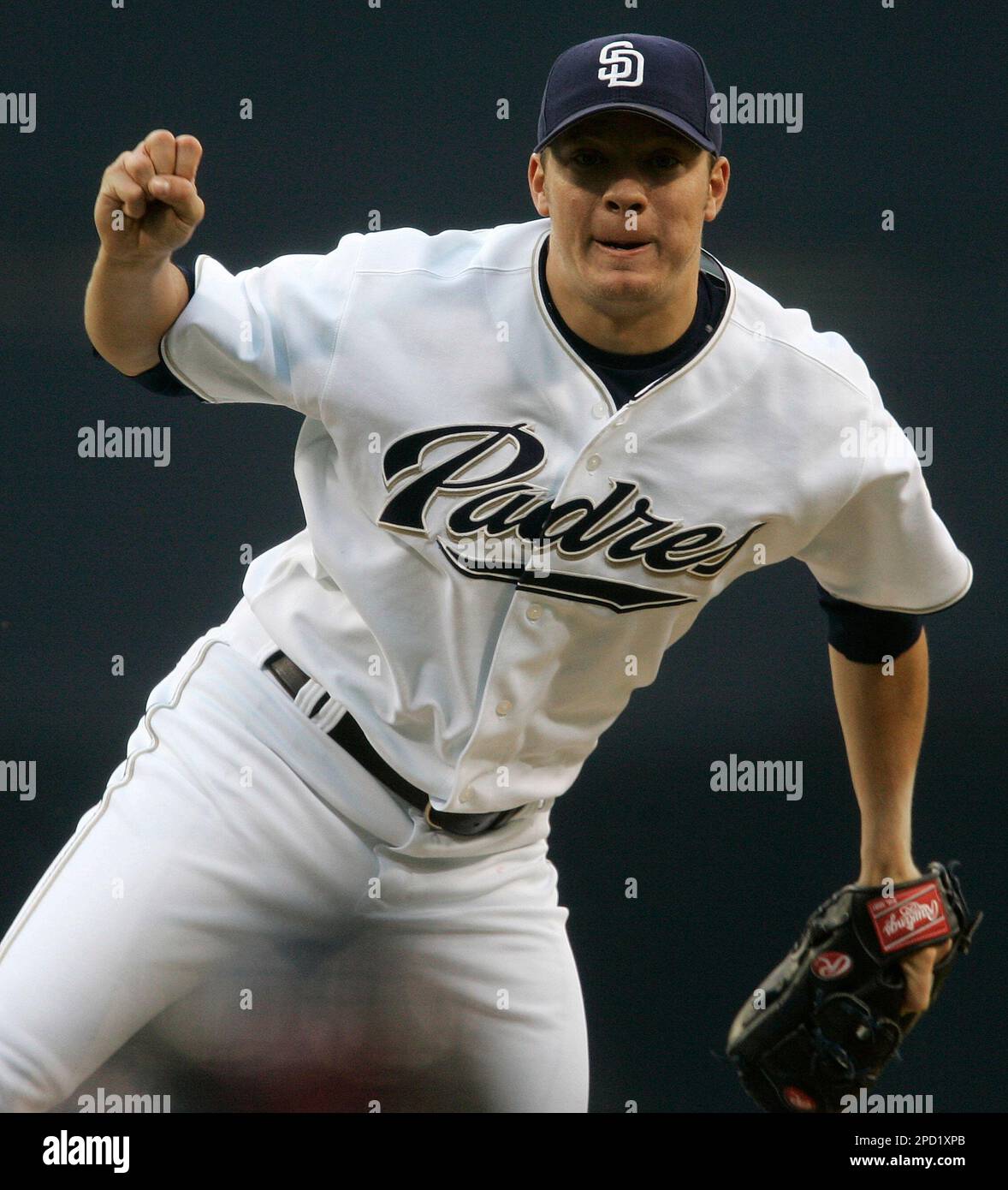 San Diego Padres' Jake Peavy readies a throw in the first inning against  the Seattle Mariners at a charity spring training baseball game, Thursday,  March 1, 2007, in Peoria, Ariz. (AP Photo/Elaine