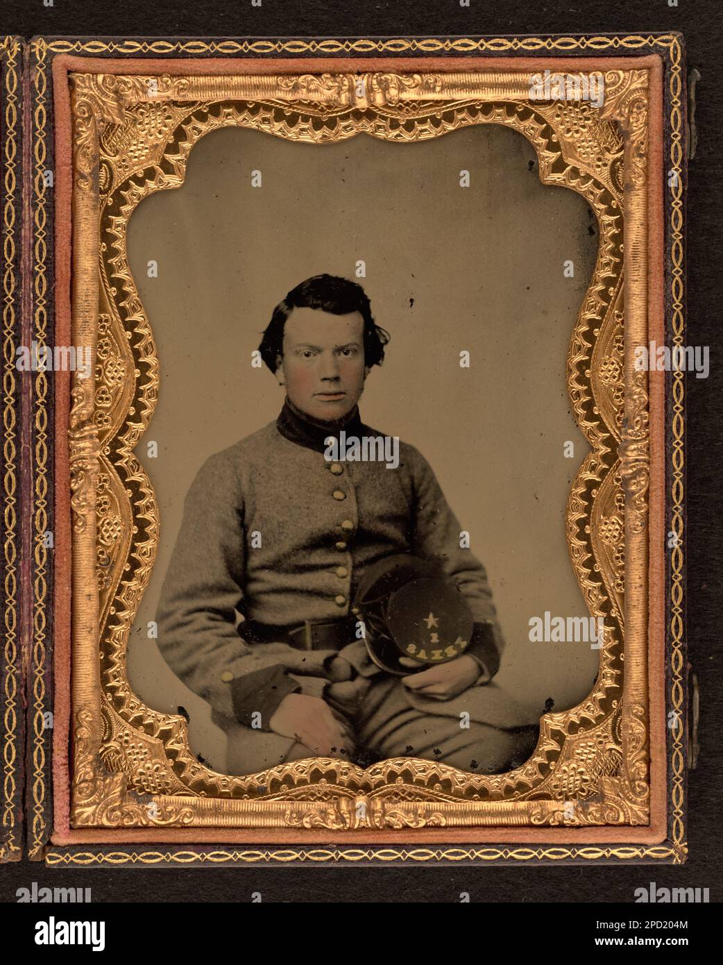 Unidentified soldier of 1st Texas Infantry Regiment in uniform with wishbone belt buckle. Liljenquist Family Collection of Civil War Photographs , FAmbrotype/Tintype photograph filing series , pp/liljconfed. Confederate States of America, Army, Texas Infantry Regiment, 1st, People, 1860-1870, Soldiers, Confederate, 1860-1870, Military uniforms, Confederate, 1860-1870, United States, History, Civil War, 1861-1865, Military personnel, Confederate. Stock Photo
