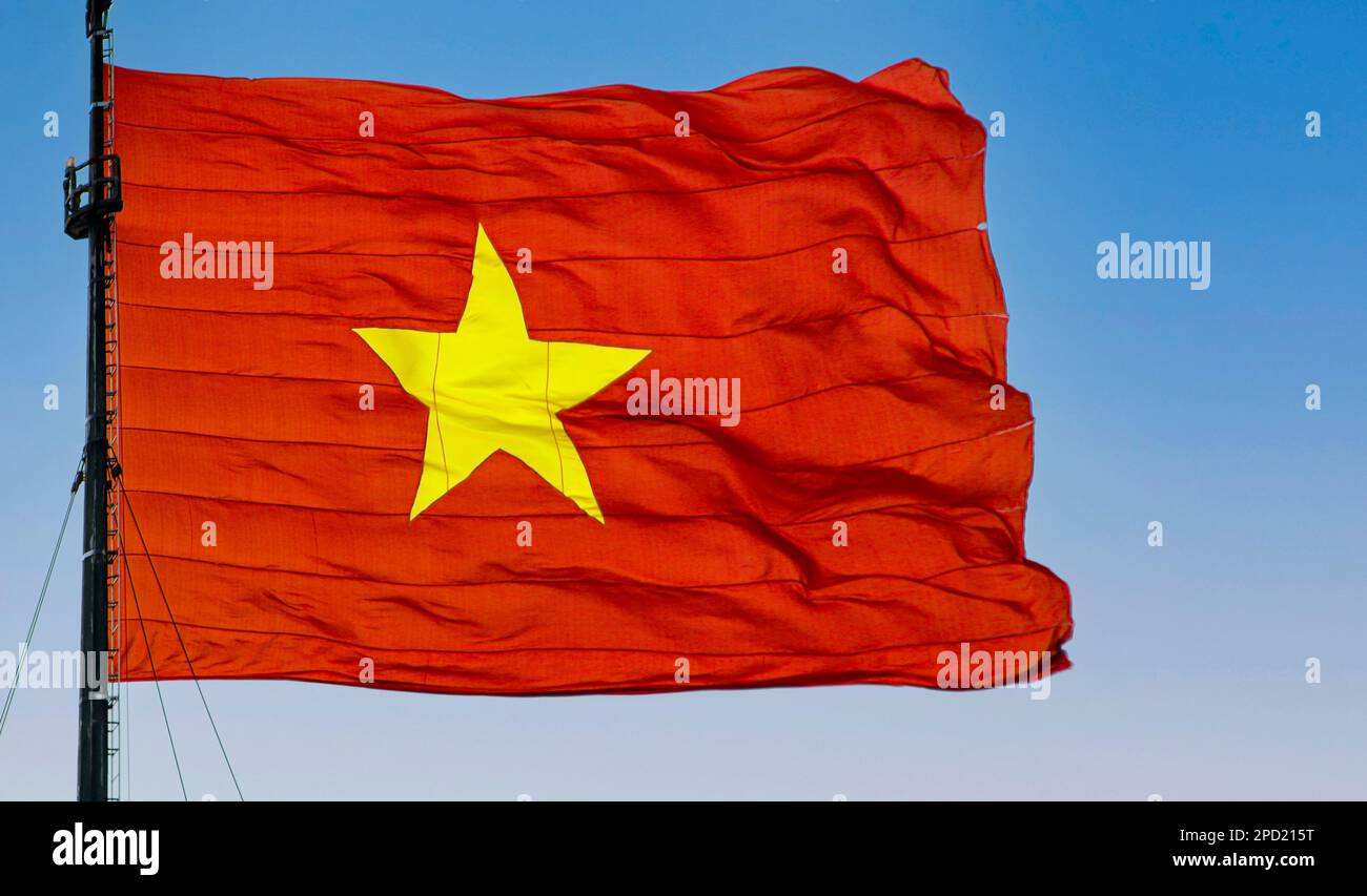 Red and Yellow Vietnamese flag proudly waving Stock Photo