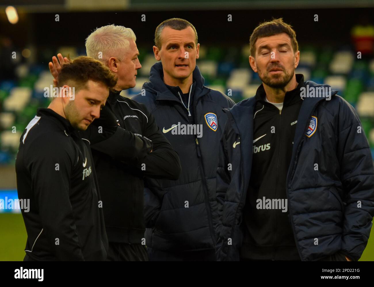 Oran Kearney (Coleraine FC manager) and his coaching staff. BetMcLean Cup Final 2023, Linfield Vs Coleraine. Windsor Park, Belfast. Stock Photo