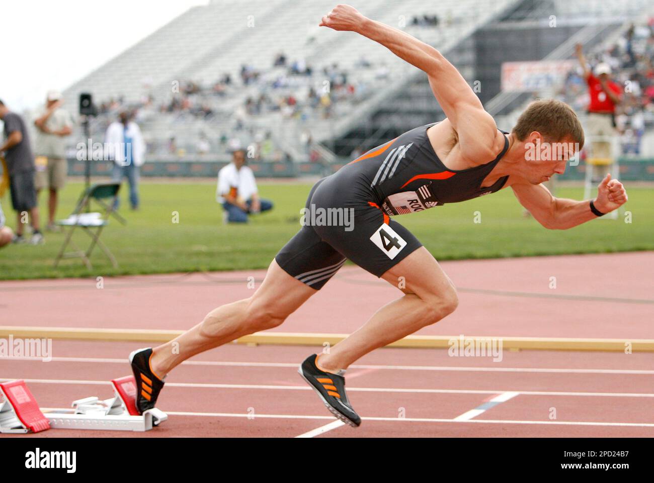 Andrew Rock leaves the starting block during the men's 400-meter dash at  the Adidas Track Classic in Carson, Calif., on Sunday, May 21, 2006. Rock  won the race with a time of